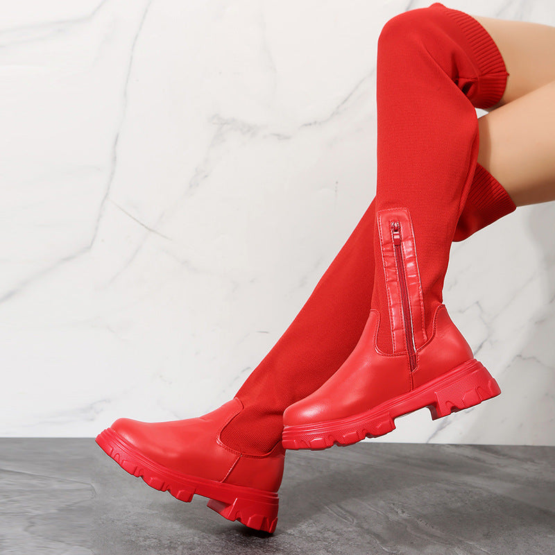 Damen Overkneestiefel mit trendigem Reißverschluss und robuster Sohle R&B
