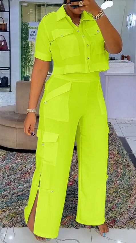 Damen nan zweiteiliges Hemd- und Cargo-Hosen-Set mit kurzem Oversize-Hemd, hoher Taille, weitem Bein und seitlichen Beinschlitzen R&B