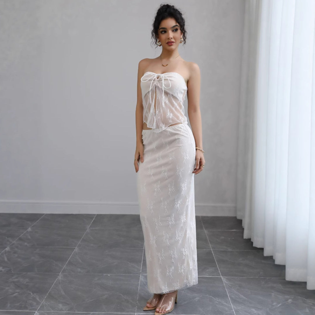 Damen Off-Shoulder Maxikleid mit feiner Spitze und elegantem Bund R&B