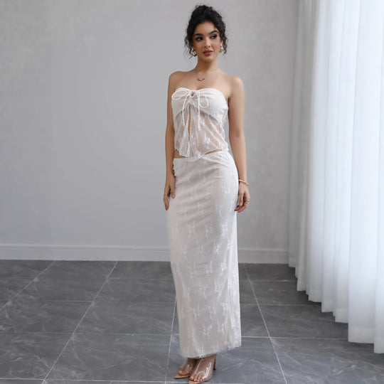Damen Off-Shoulder Maxikleid mit feiner Spitze und elegantem Bund R&B