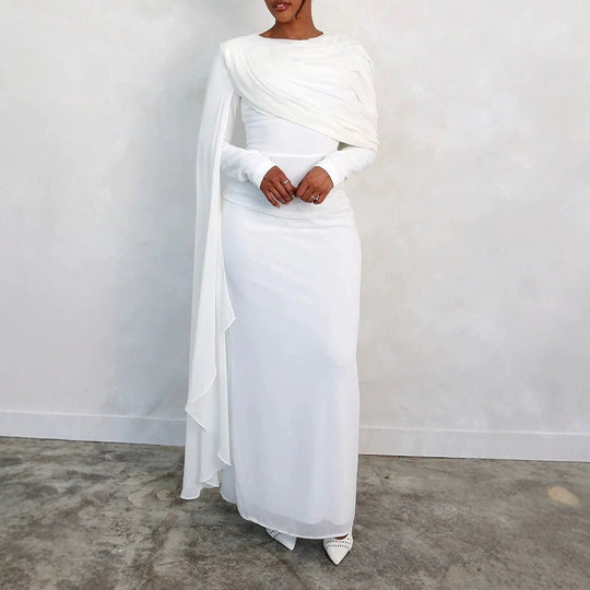 Damen Glamouröses Langarmkleid mit drapiertem Oberteil und fließendem Schnitt R&B