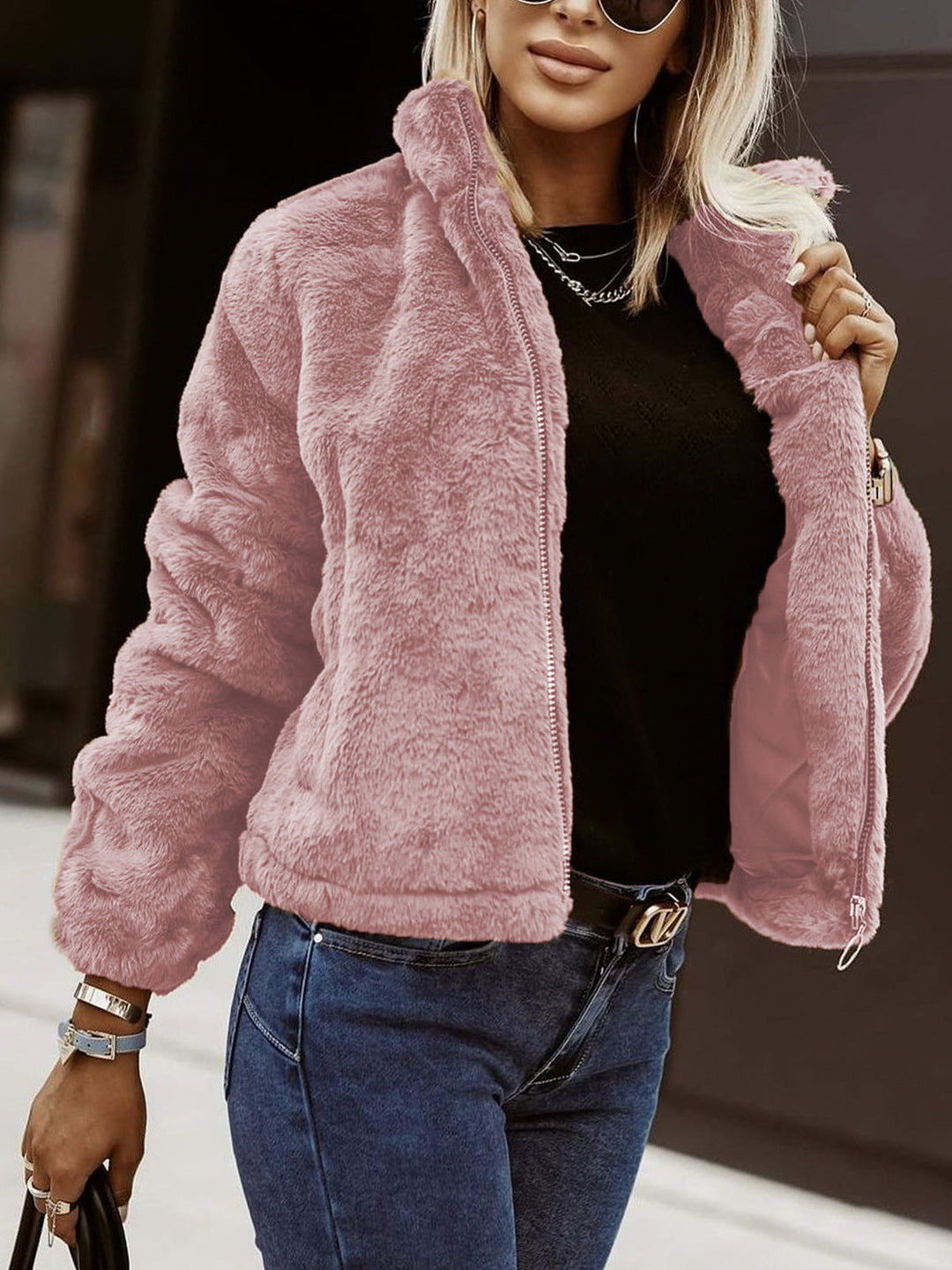 R&B | Weiche Damen Teddy Bomberjacke mit Reißverschluss