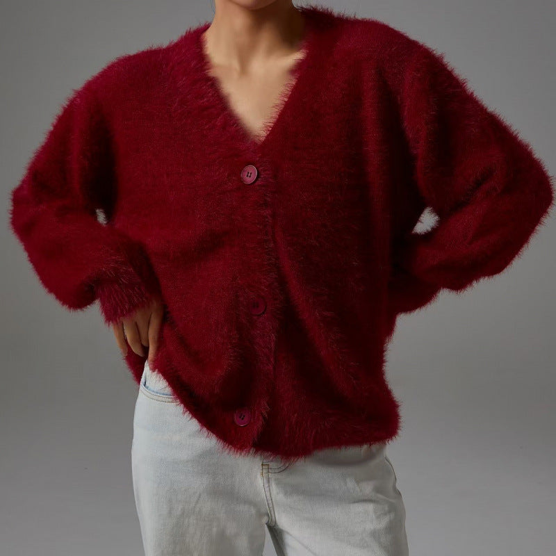 Damen flauschiger Cardigan mit V-Ausschnitt und übergroßem Schnitt R&B