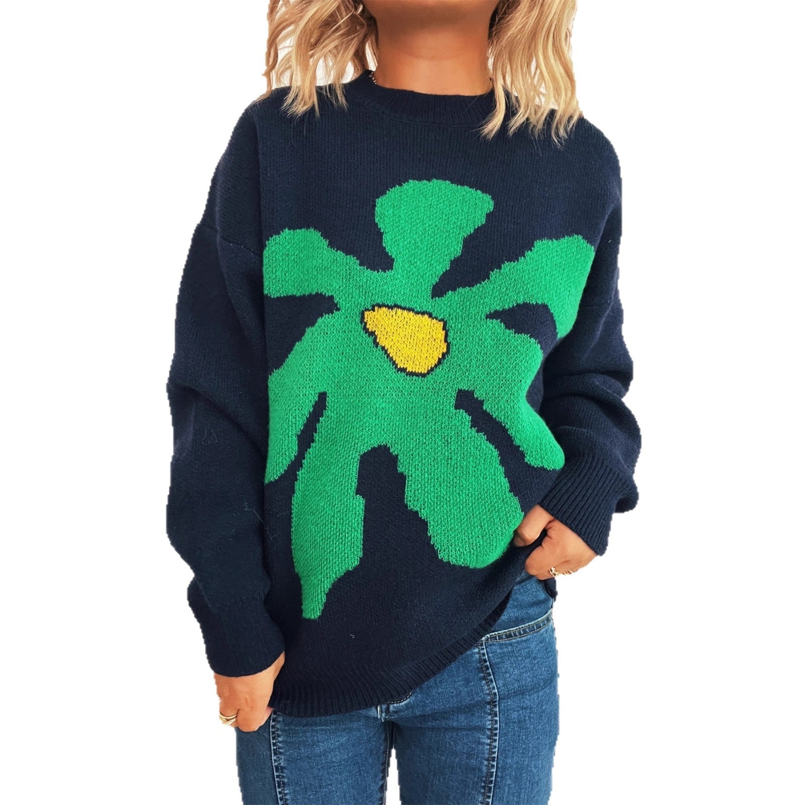 Damen verspielter Strickpullover mit floraler Applikation R&B