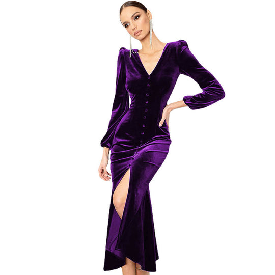 Damen Samt Maxikleid mit zentralem Knopfverschluss und seitlichem Schlitz R&B