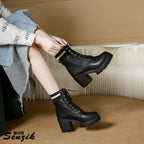 Damen Schnürstiefel mit robustem Blockabsatz und elastischem Strickkragen R&B