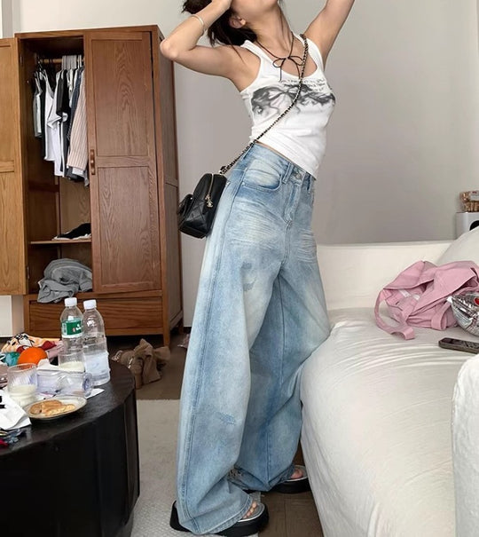 Damen Weite Denim-Hose mit lässigem Schnitt und individuellen Waschungen R&B
