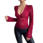 Damen nan tailliertes Spitzenshirt mit tiefem V-Ausschnitt, floraler Netzspitze und langen Ärmeln R&B