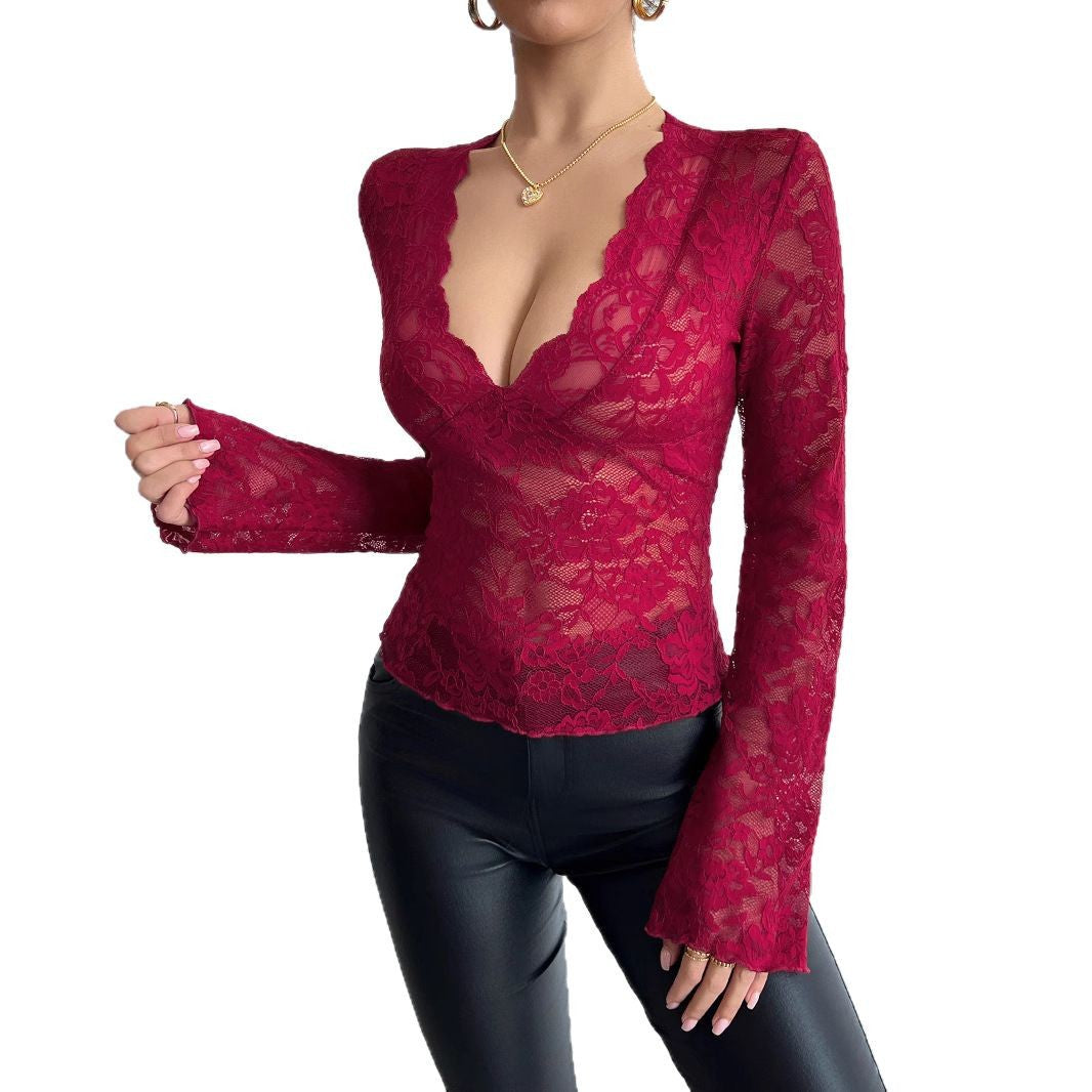 Damen nan tailliertes Spitzenshirt mit tiefem V-Ausschnitt, floraler Netzspitze und langen Ärmeln R&B