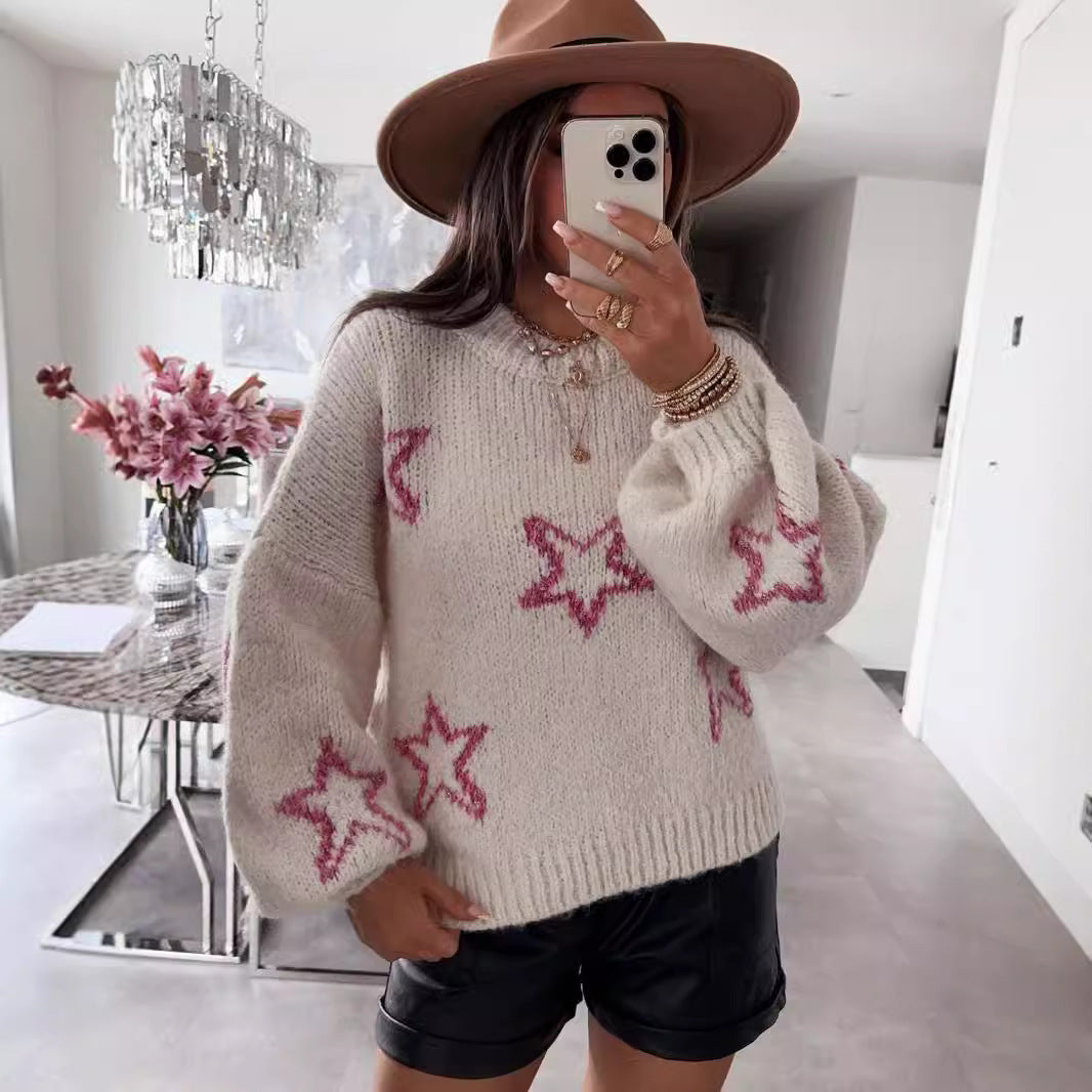 Damen Strickpullover mit Sternen-Design und weit ausgestellten Ärmeln R&B