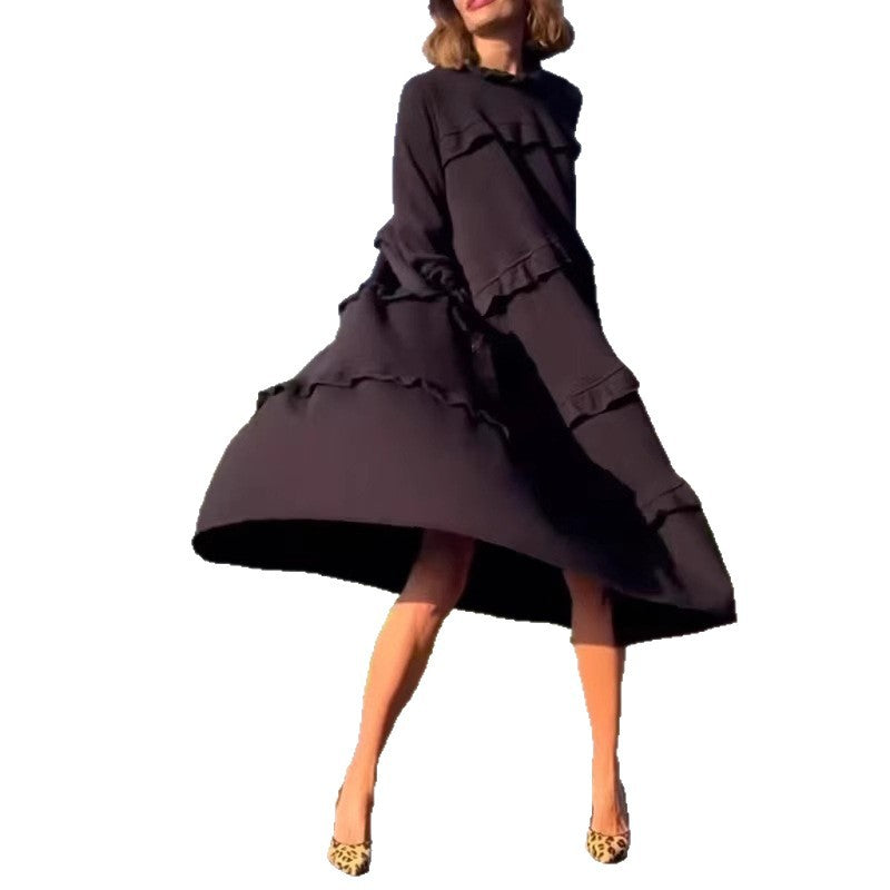 Damen nan kastiges Stufenmidikleid mit Rüschenkragen, gerafften Manschetten und verdeckten Seitentaschen R&B