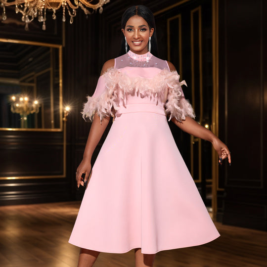 Damen elegantes Kleid mit transparenten Puffärmeln und dekorativen Federdetails R&B