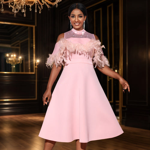 Damen elegantes Kleid mit transparenten Puffärmeln und dekorativen Federdetails R&B