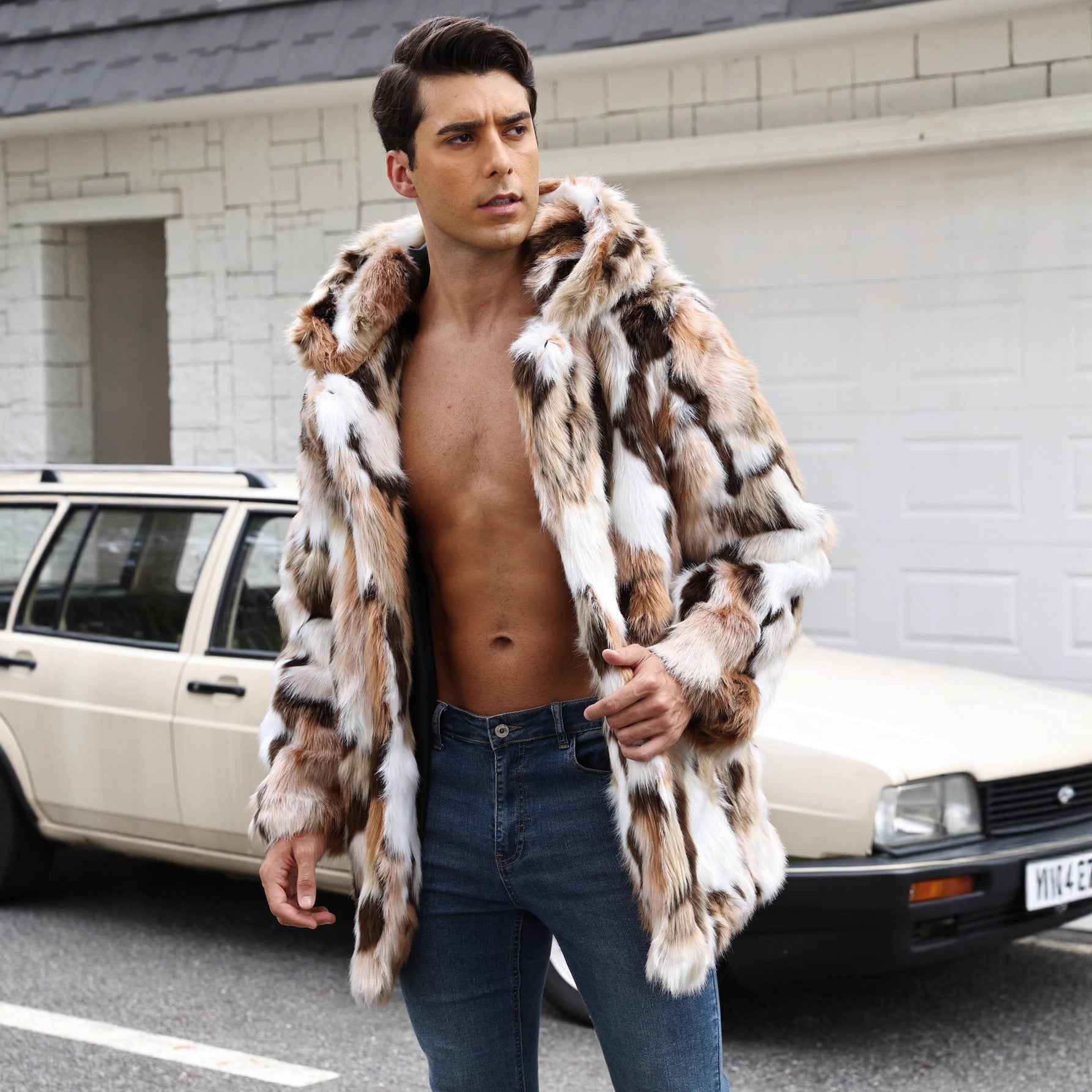 Herren Eleganter Kunstpelz-Mantel mit auffälligem Tiermuster R&B