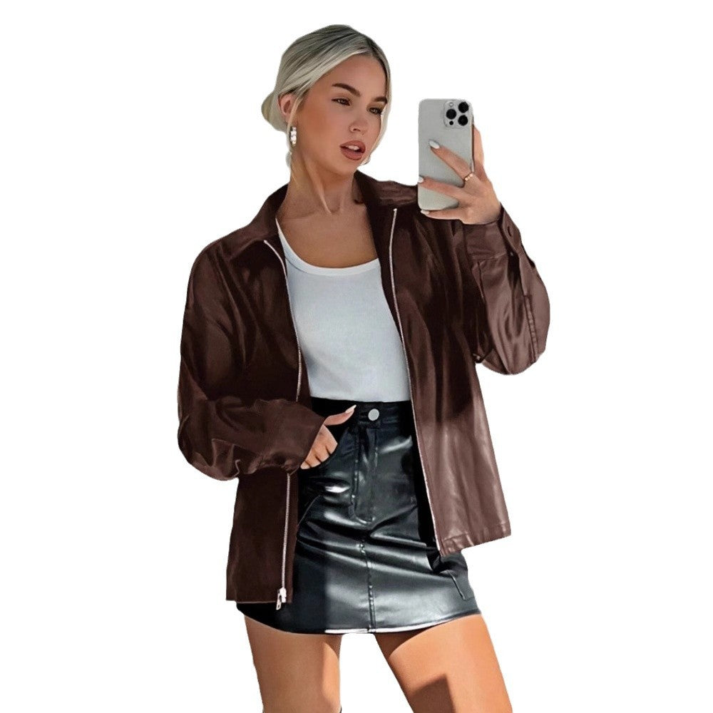 Damen leichtgewichtige Kunstlederjacke mit modernem Reißverschluss R&B