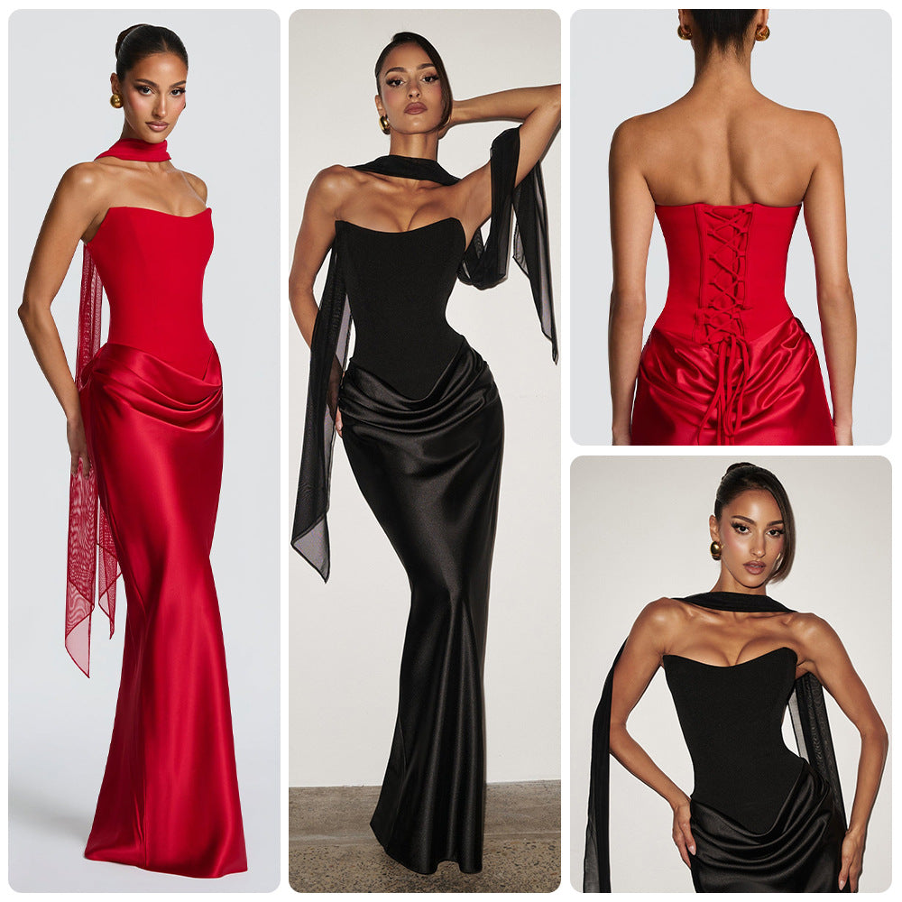 Damen Abendkleid mit schulterfreiem Design und elegantem Schlitz R&B
