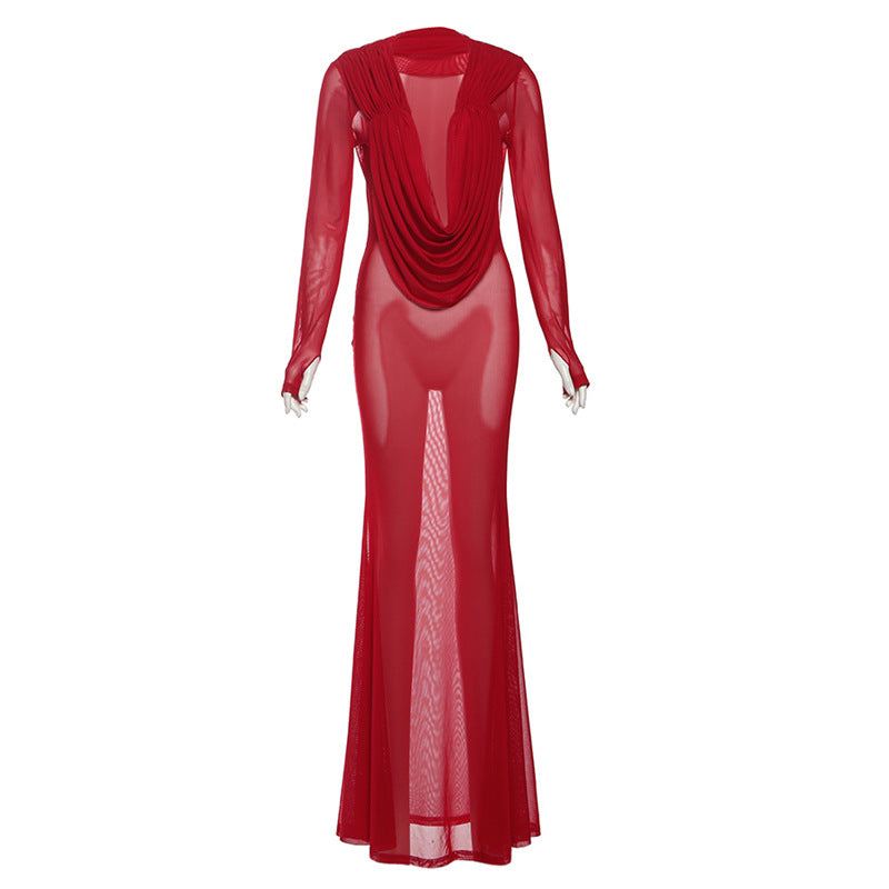 Damen Elegantes lange Kleid mit tiefem V-Ausschnitt und Raffungen R&B