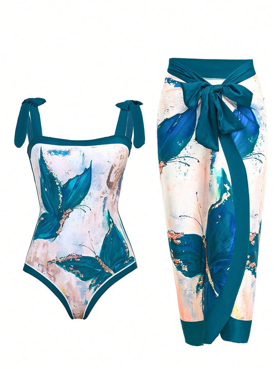 Damen Eleganter Badesuit mit floralen Akzenten und modischem Wickelrock R&B