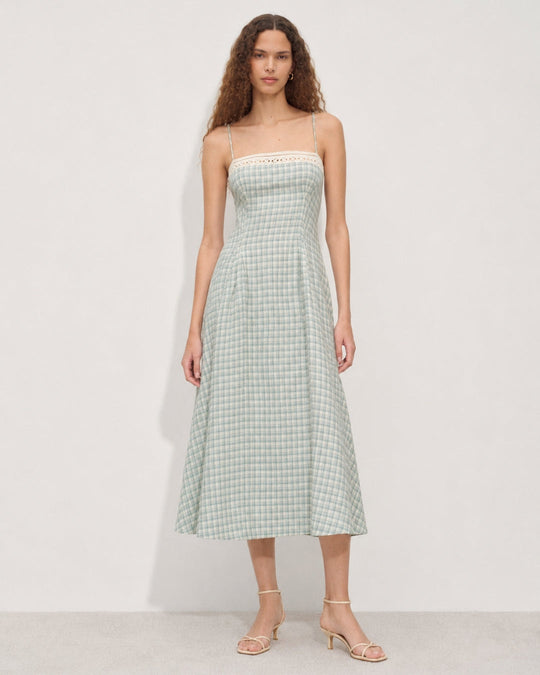 Damen nan Vintage-inspiriertes Midikleid mit schmalen Spaghettiträgern, Spitzenpassé und ausgestelltem Tellerrock R&B