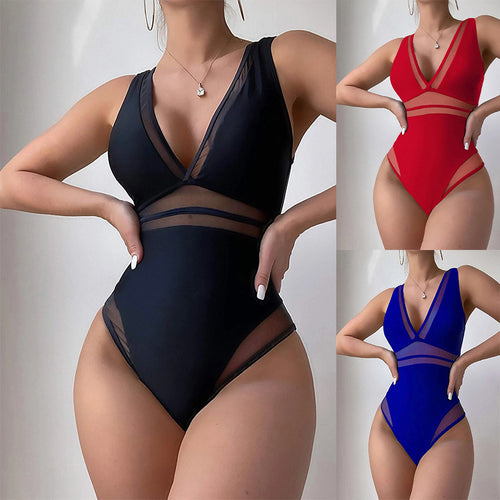 Damen Badeanzug mit transparenten Einsätzen und V-Ausschnitt R&B