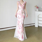 Damen Maxikleid aus transparentem Chiffon mit Rüschendetails und floralem Design R&B
