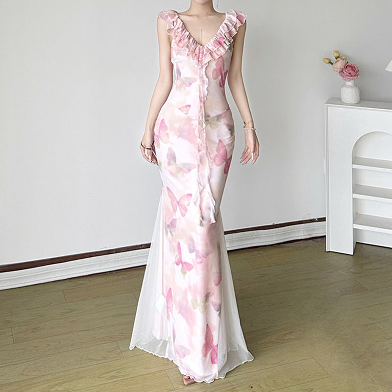 Damen Maxikleid aus transparentem Chiffon mit Rüschendetails und floralem Design R&B