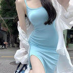 Damen figurbetontes Midi-Kleid mit Spaghetti-Trägern und hohem Schlitz