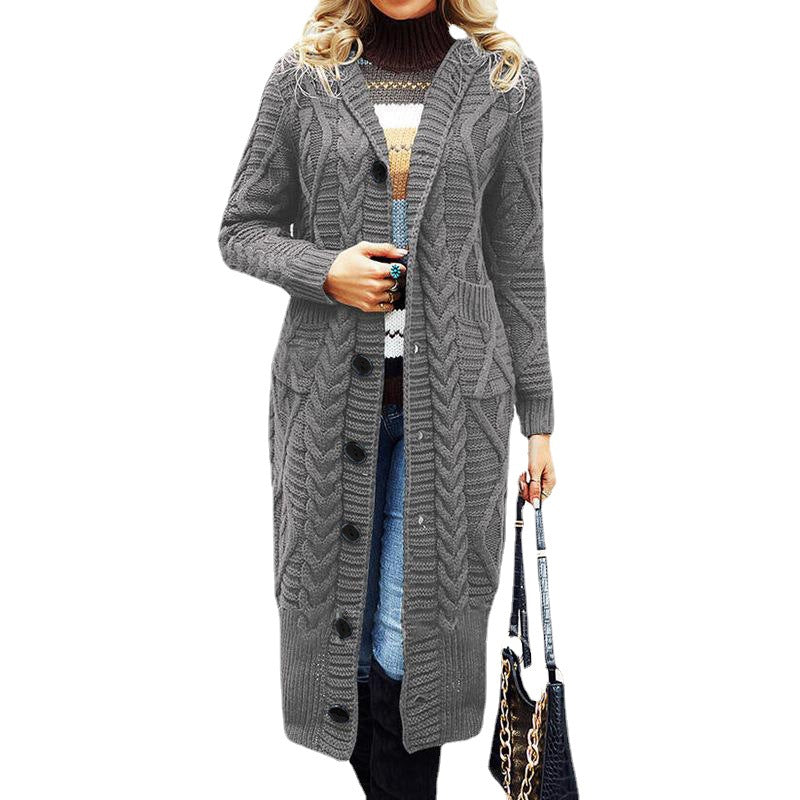 Damen Eleganter Strickmantel mit tiefem V-Ausschnitt und aufwendigem Zopfmuster R&B