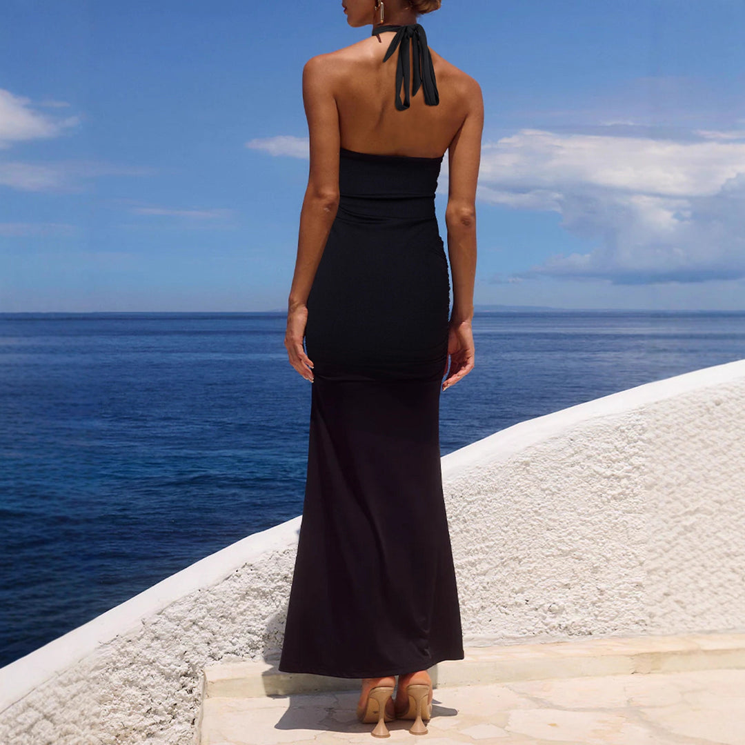 Damen Elegantes Maxi-Kleid mit sphärischem Halterneck und raffinierter Raffung R&B