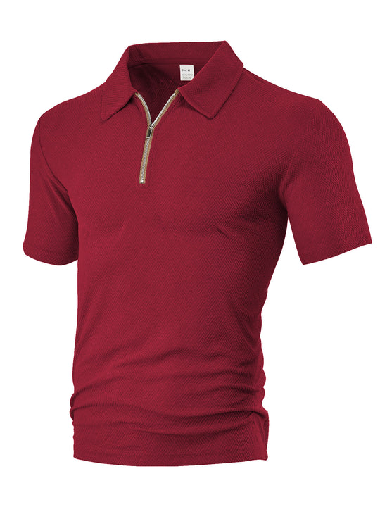 Herren nan schmal geschnittenes Halbzip-Polo mit feiner Fischgrät-Jacquardstruktur R&B