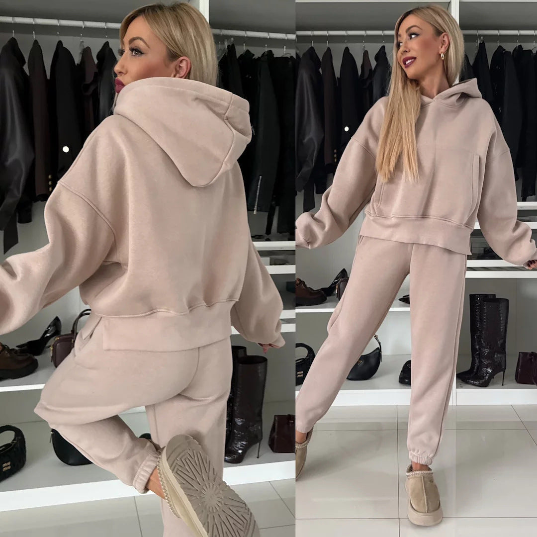 Damen lässiges Fleece-Set mit cropped Hoodie und bequemer Hose R&B