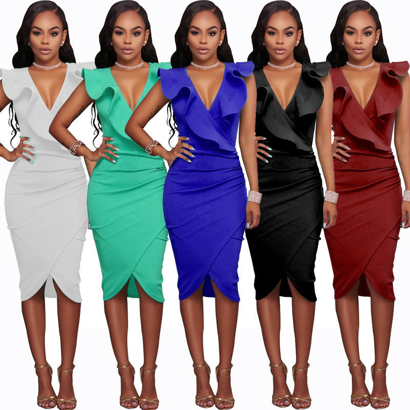 Damen elegantes Wickelkleid mit Rüschendetails R&B