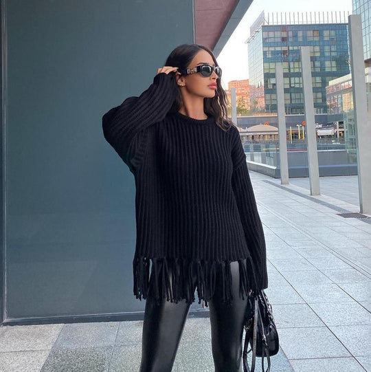Damen lässiger Strickpullover mit Fransen und weichfallendem Material R&B