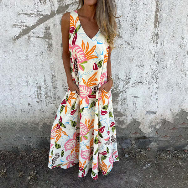 Damen luftiges Maxikleid mit floralem Muster und praktischen Taschen R&B