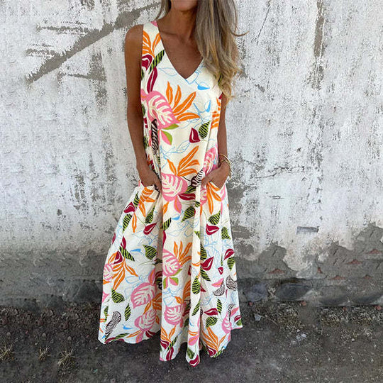 Damen luftiges Maxikleid mit floralem Muster und praktischen Taschen R&B
