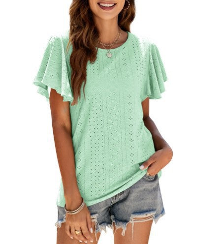 Damen Kurzärmlige Bluse mit Rüschendetails und Lochmuster R&B