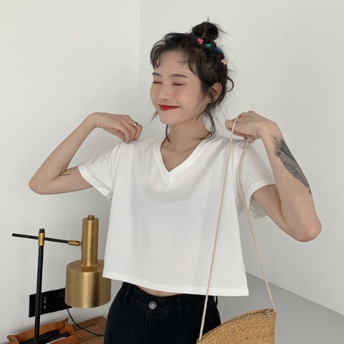 Damen Kurzarm T-Shirt mit V-Ausschnitt und lässigem Schnitt