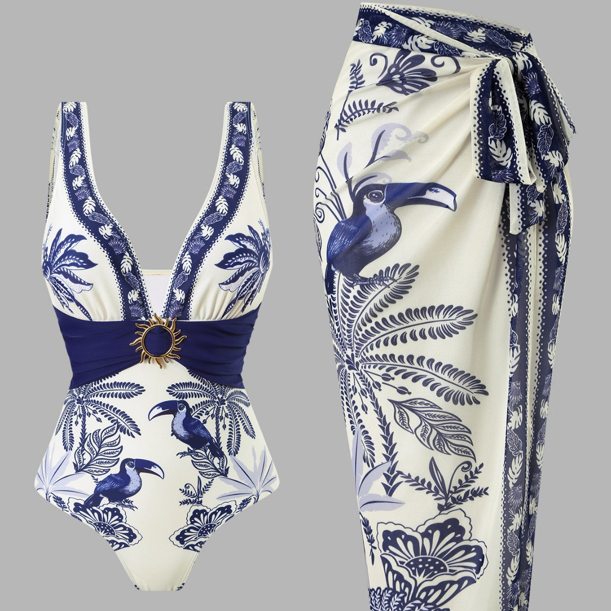 Damen Einteiliger Badeanzug mit floralem Design und elegantem Wickelrock R&B