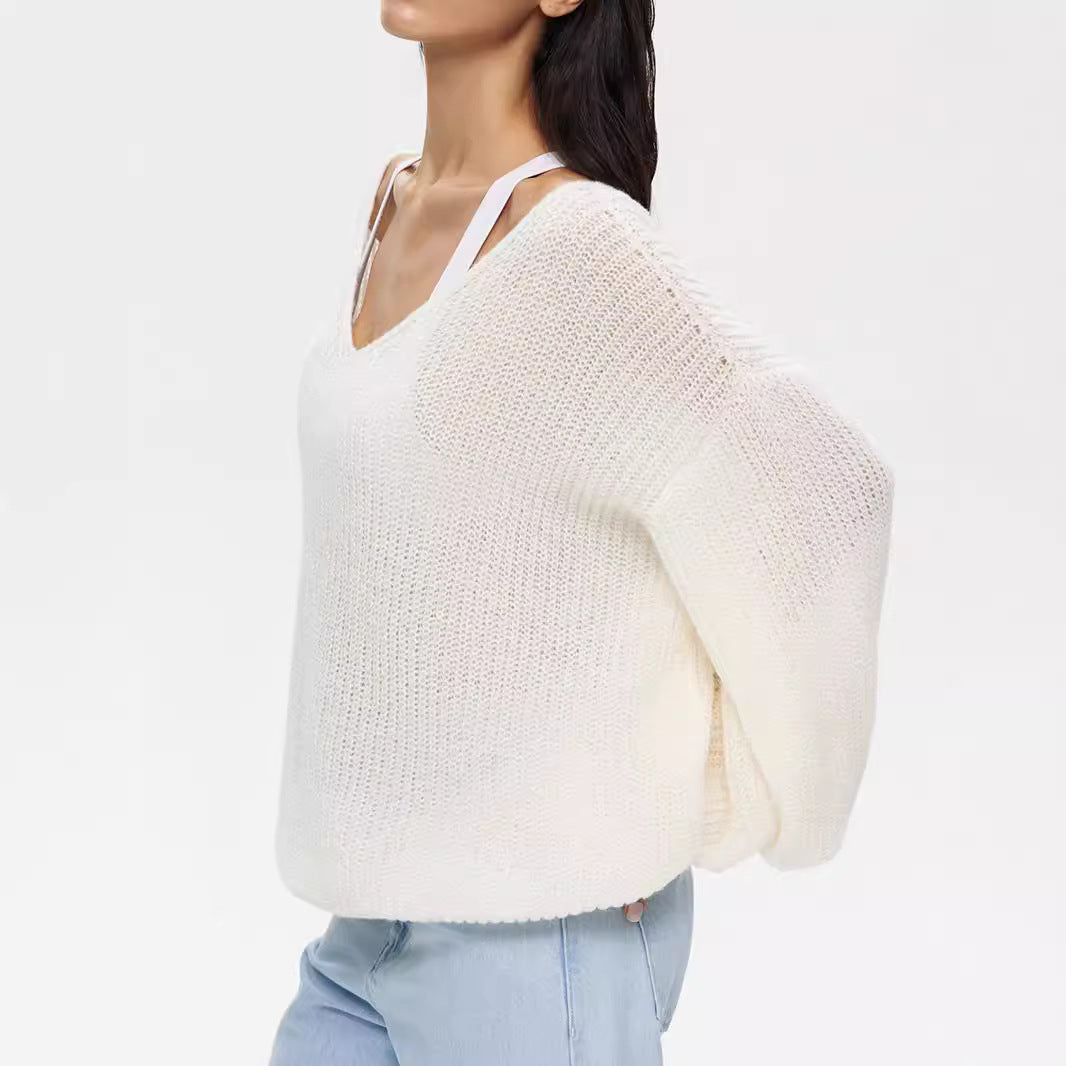 Damen lässiger Strickpullover mit weiten Ärmeln und tiefem V-Ausschnitt R&B
