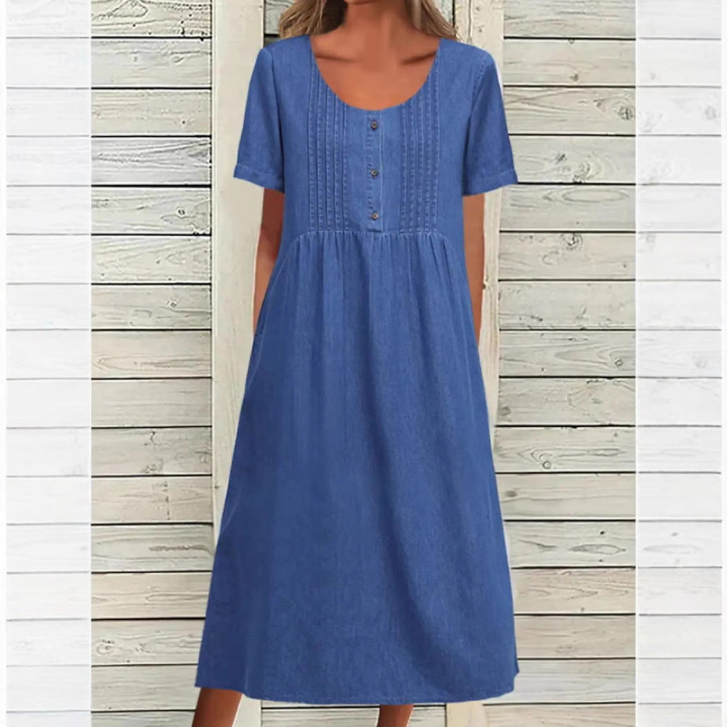 Damen nan locker sitzendes Midikleid im Denim-Look mit Rundhalsausschnitt, Brustbiesen und seitlichen Eingrifftaschen R&B