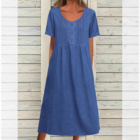 Damen nan locker sitzendes Midikleid im Denim-Look mit Rundhalsausschnitt, Brustbiesen und seitlichen Eingrifftaschen R&B