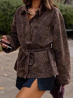 Damen Hemdjacke im Leopardenmuster mit Taillengürtel R&B