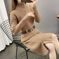 Damen Strickkleid mit hohen Kragen und Taillengürtel