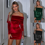 Damen elegantes Off-Shoulder Minikleid mit metallischen Akzentärmeln