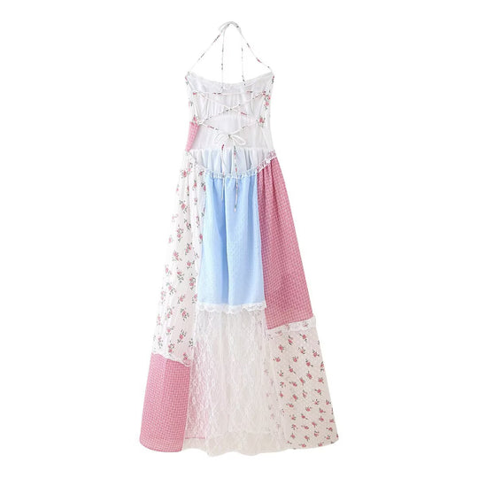 Damen Maxikleid mit floralen und karierter Patchwork-Optik R&B