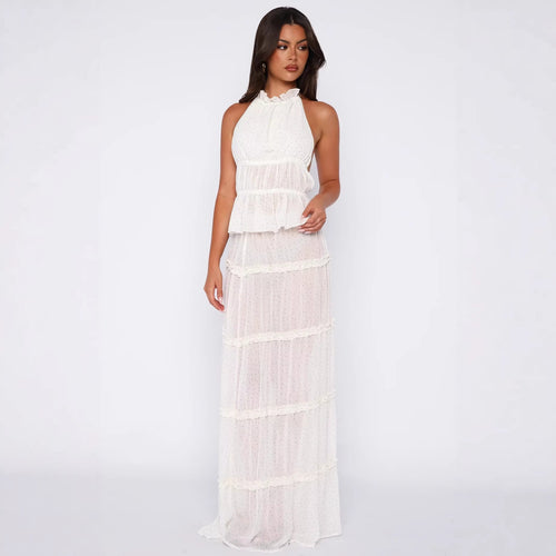 Damen Langärmliges Maxikleid mit elegantem Rüschen-Design und transparentem Stoff R&B