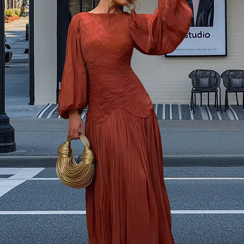 Damen Elegantes Plissiertes Maxikleid mit Raffungen und langen Ärmeln R&B