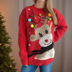 Damen weihnachtlicher Pullover mit einzigartigem Rentiermotiv und bunten Applikationen R&B