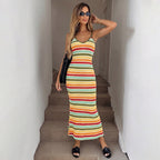 Damen Strick-Kleid im lässigen Streifenmuster mit schmalen Spaghetti-Trägern R&B