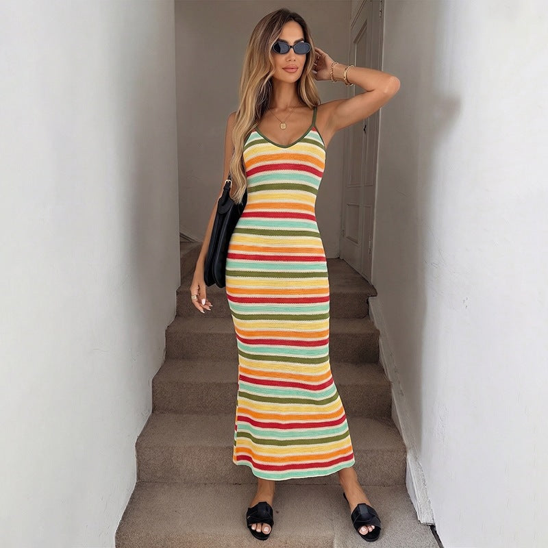 Damen Strick-Kleid im lässigen Streifenmuster mit schmalen Spaghetti-Trägern R&B